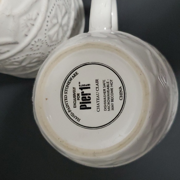 PIER 1 CHATEAU CLAIR Coffee Mugs Tea Cups White Hand Painted Stoneware - Picture 4 of 4